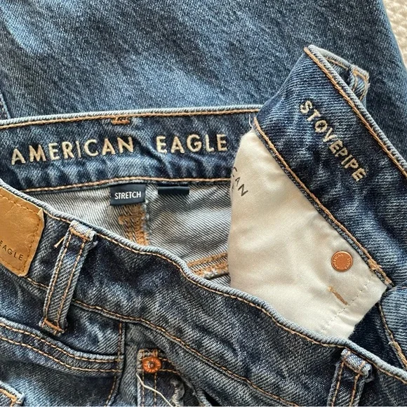 AE Stretch High-Waisted Stovepipe Cuffed Denim Jean Wide Leg Medium Wash 0R - Picture 11 of 16